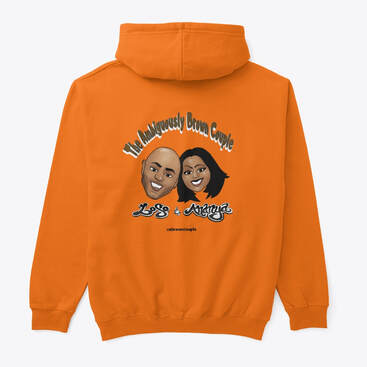 Ambiguously Brown Couple Orange Hoodie with cartoon faces